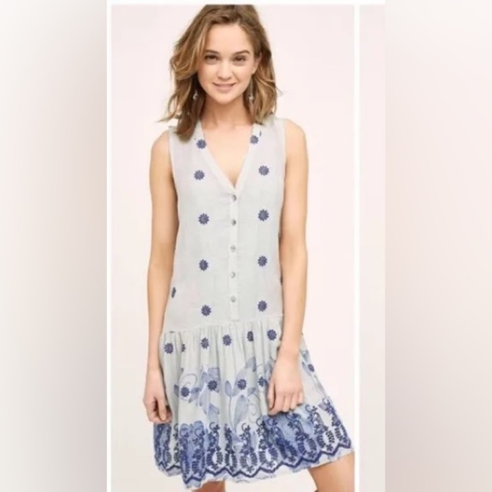 Anthropologie Maeve Linen Blend Pippa Embroidered Eyelet Boho Swing Dress